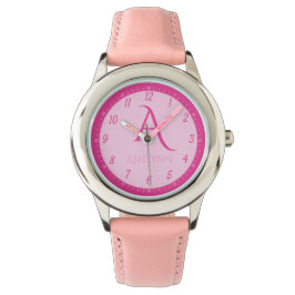 Aangepaste naam Hot Pink Kinder Monogram Leren Horloge