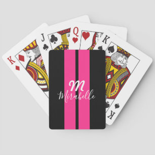 Aangepaste naam Hot Pink Racing Stripe Monogrammed Pokerkaarten