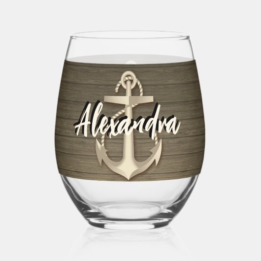Aangepaste naam houten scheepsanker wijnglas zonder voet (Voorkant)