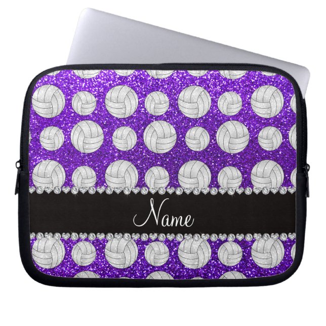Aangepaste naam in digo paarse glitter volleyballe laptop sleeve (Voorkant)