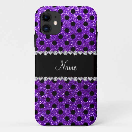 Aangepaste naam in digo paarse glitter zwarte polk Case-Mate iPhone case (Achterkant)