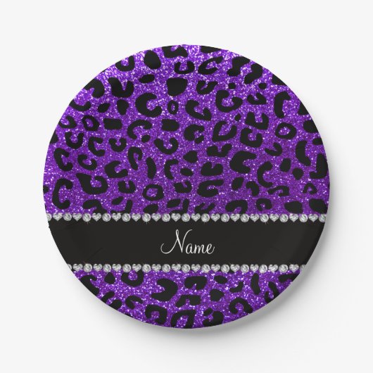 Aangepaste naam indigo paarse glitter cheetah prin papieren bordje (Voorkant)