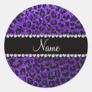 Aangepaste naam indigo paarse glitter leopard prin ronde sticker