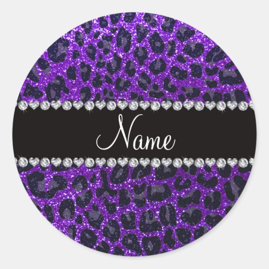 Aangepaste naam indigo paarse glitter leopard prin ronde sticker (Voorkant)
