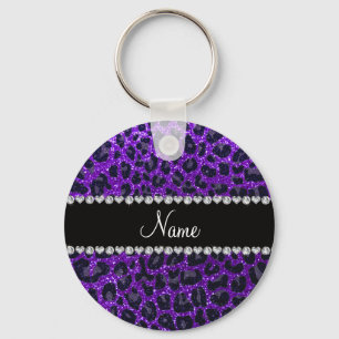 Aangepaste naam indigo paarse glitter leopard prin sleutelhanger