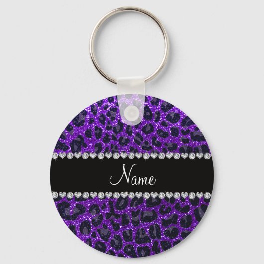 Aangepaste naam indigo paarse glitter leopard prin sleutelhanger (Voorkant)