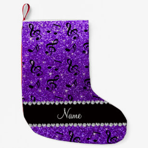 Aangepaste naam indigo paarse glitter muzieknoten kleine kerstsok