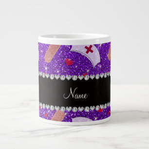 Aangepaste naam indigo paarse glitter verpleegster grote koffiekop