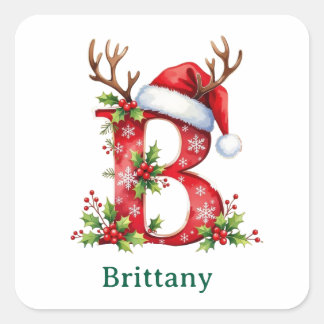 Aangepaste naam initiaal B rendier kerstmuts Vierkante Sticker