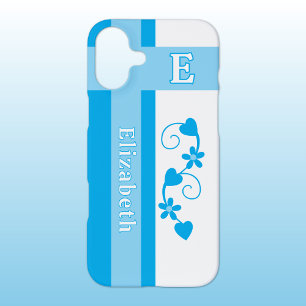 Aangepaste naam initiële bloemen harten blauw iPhone 16 plus hoesje