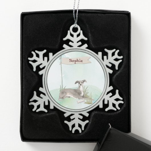 Aangepaste naam Italiaanse Greyhound Pet Dog Tin Sneeuwvlok Ornament (Kistje)