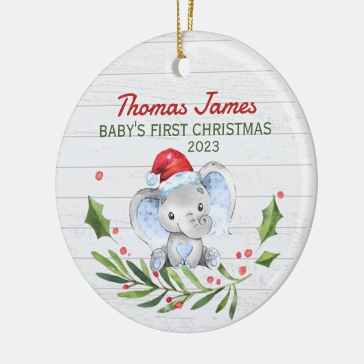 Aangepaste naam Jaar Baby's Eerste Kerstmis Olifan Keramisch Ornament (Links)