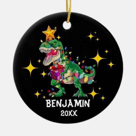 Aangepaste naam Jaar Dinosaurus Kerstmis Jongen Keramisch Ornament (Voorkant)