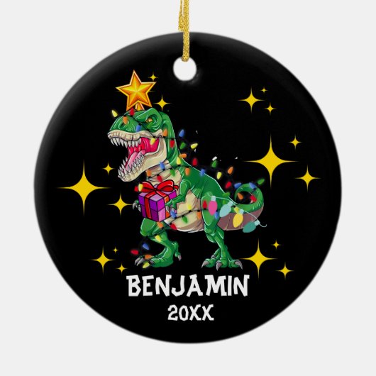 Aangepaste naam Jaar Dinosaurus Kerstmis Jongen Keramisch Ornament (Achterkant)