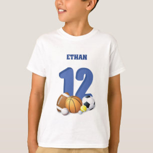 Aangepaste naam jongen 12e verjaardag sportballen t-shirt