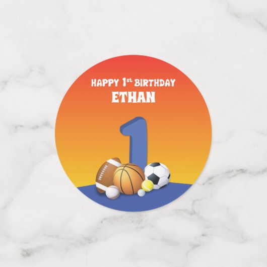 Aangepaste naam jongen 1st Birthday Sports Balls Confetti (Kleine voorkant)