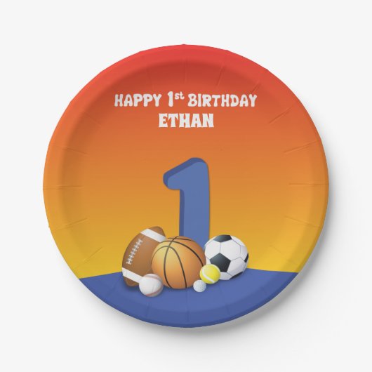 Aangepaste naam jongen 1st Birthday Sports Balls Papieren Bordje (Voorkant)
