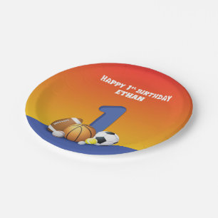 Aangepaste naam jongen 1st Birthday Sports Balls Papieren Bordje