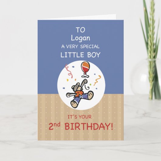 Aangepaste naam Jongen 2e Teddy Bear Ballon Birthd Kaart (Voorkant)
