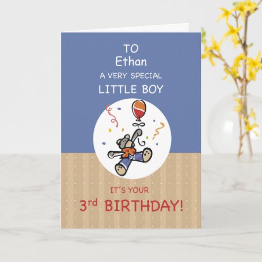 Aangepaste naam Jongen 3rd Teddy Bear Balloon Birt Kaart (Gele Bloem)