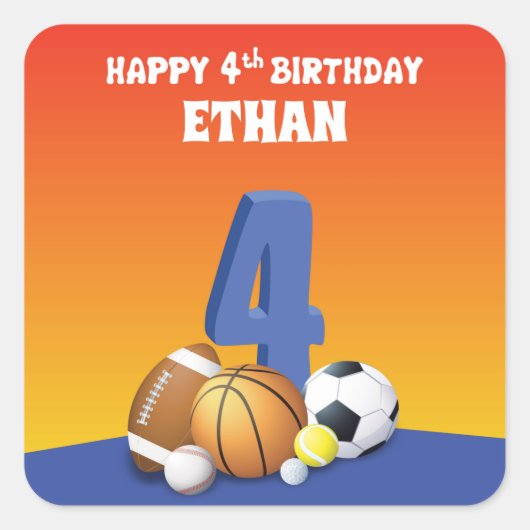 Aangepaste naam jongen 4th Birthday Sports Balls Vierkante Sticker (Voorkant)