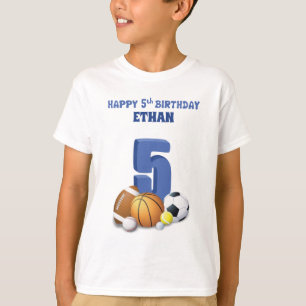Aangepaste naam jongen 5e verjaardag sportballen t-shirt