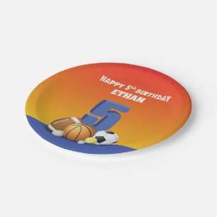 Aangepaste naam jongen 5th Birthday Sports Balls Papieren Bordje