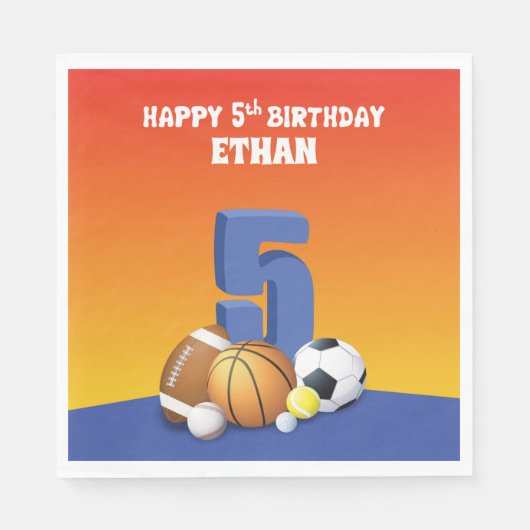Aangepaste naam jongen 5th Birthday Sports Balls Servet (Voorkant)