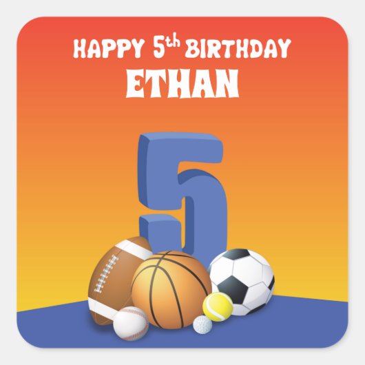 Aangepaste naam jongen 5th Birthday Sports Balls Vierkante Sticker (Voorkant)