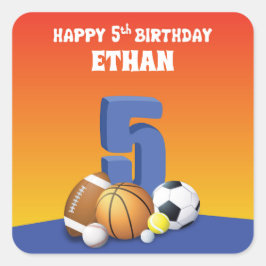 Aangepaste naam jongen 5th Birthday Sports Balls Vierkante Sticker