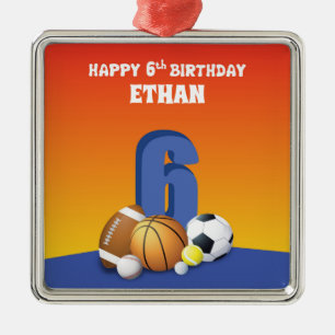 Aangepaste naam jongen 6th Birthday Sports Balls Metalen Ornament