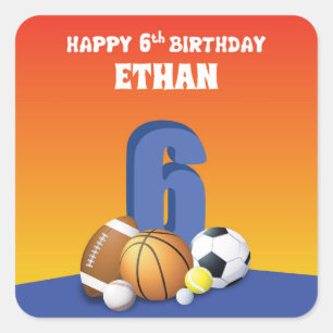 Aangepaste naam jongen 6th Birthday Sports Balls Vierkante Sticker