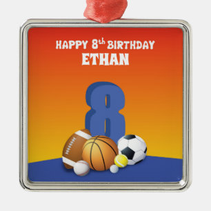 Aangepaste naam jongen 8th Birthday Sports Balls Metalen Ornament