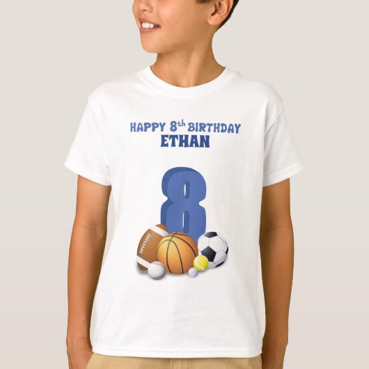 Aangepaste naam jongen 8th Birthday Sports Balls T-shirt (Voorkant)