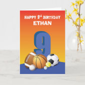 Aangepaste naam jongen 9th Birthday Sports Balls Kaart (Gele Bloem)