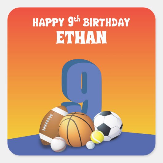 Aangepaste naam jongen 9th Birthday Sports Balls Vierkante Sticker (Voorkant)