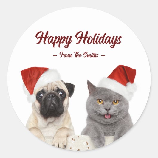 Aangepaste Naam Kat en Hond Vrolijke Kerstvakantie Ronde Sticker (Voorkant)