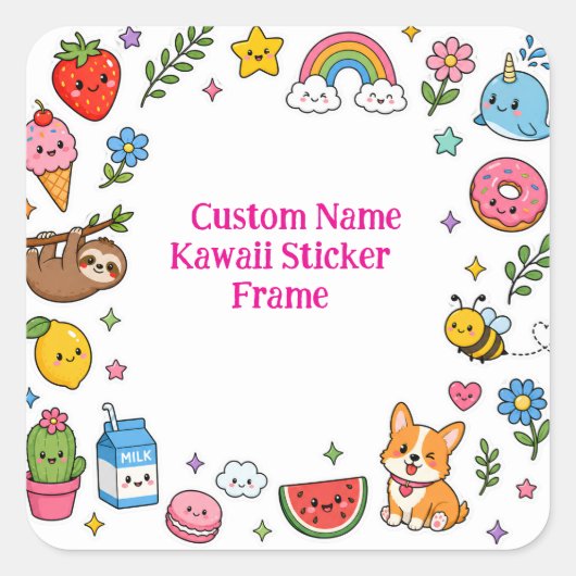 Aangepaste naam Kawaii stickerframe Vierkante Sticker (Voorkant)