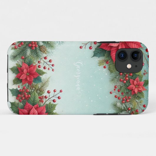 Aangepaste Naam Kerst Bloemen Waterverf Poinsettia Case-Mate iPhone Case (Achterkant (horizontaal))