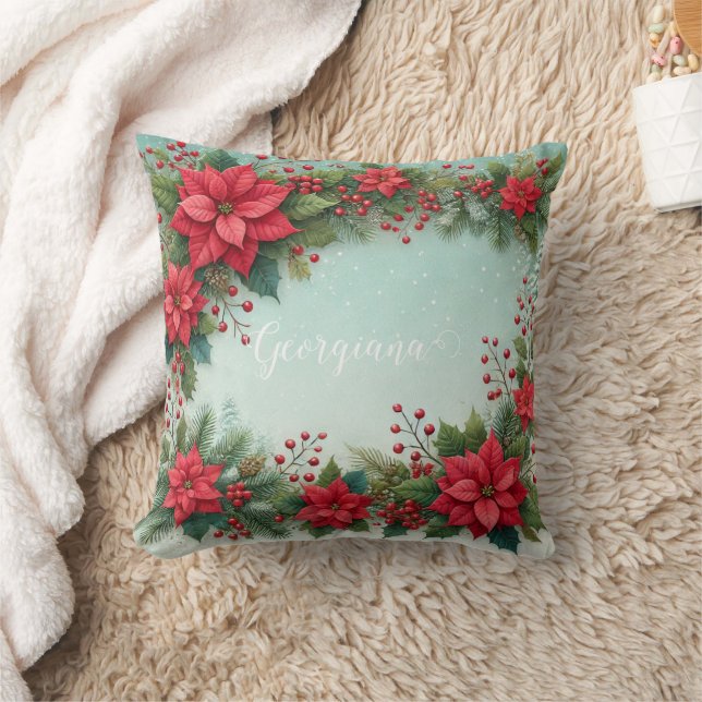 Aangepaste Naam Kerst Bloemen Waterverf Poinsettia Kussen (Deken)