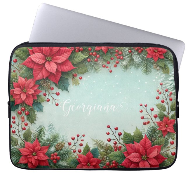 Aangepaste Naam Kerst Bloemen Waterverf Poinsettia Laptop Sleeve (Voorkant)