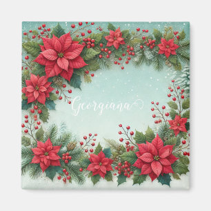 Aangepaste Naam Kerst Bloemen Waterverf Poinsettia Magneet