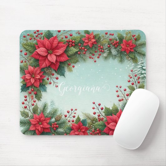 Aangepaste Naam Kerst Bloemen Waterverf Poinsettia Muismat (Met muis)