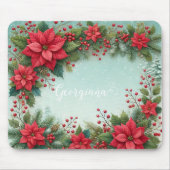 Aangepaste Naam Kerst Bloemen Waterverf Poinsettia Muismat (Voorkant)
