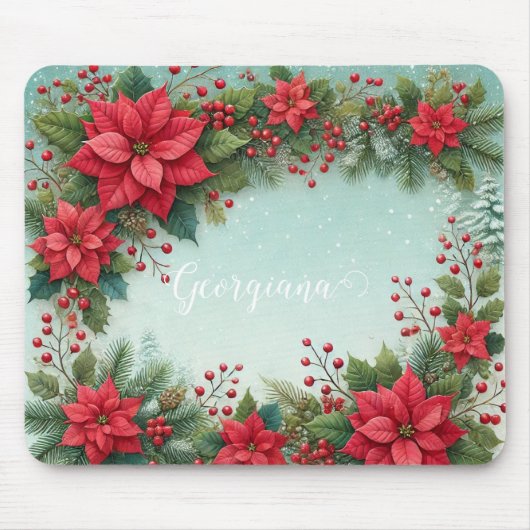 Aangepaste Naam Kerst Bloemen Waterverf Poinsettia Muismat (Voorkant)