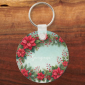 Aangepaste Naam Kerst Bloemen Waterverf Poinsettia Sleutelhanger (Achterkant)