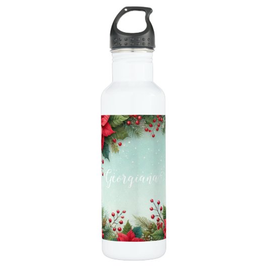 Aangepaste Naam Kerst Bloemen Waterverf Poinsettia Waterfles (Voorkant)