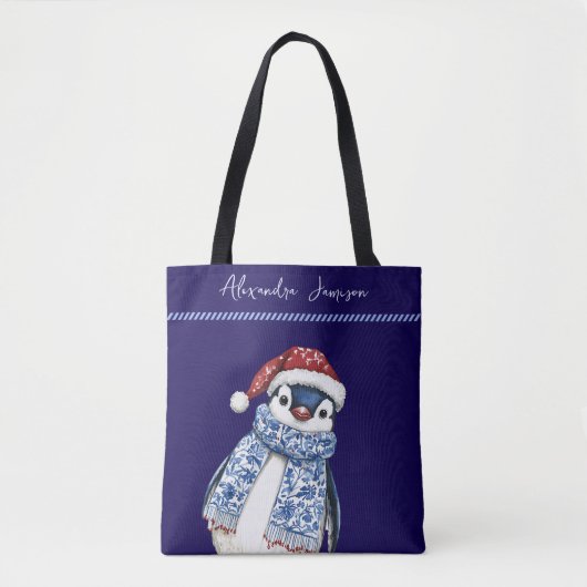 Aangepaste Naam Kerst Chinoiserie Penguin Tote Bag (Voorkant)