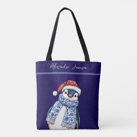 Aangepaste Naam Kerst Chinoiserie Penguin Tote Bag (Achterkant)