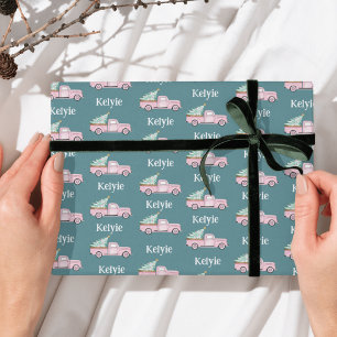 Aangepaste Naam Kerstboom Roze  Truck Cadeaupapier